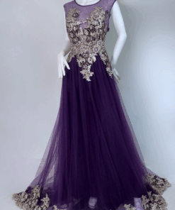 Alternative view of Plum Ball Gown Dress with Champagne Gold Appliqué – 3 Piece Set