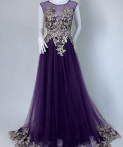 Plum Ball Gown Dress with Champagne Gold Appliqué – 3 Piece Set